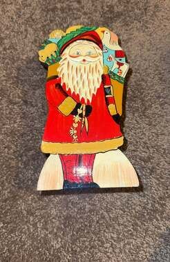Vintage Hand Painted Wooden Folk Art Santa Claus Napkin or Letter Holder